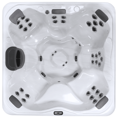 Top view of X8, a eight-seater hot tub with forty-four jets